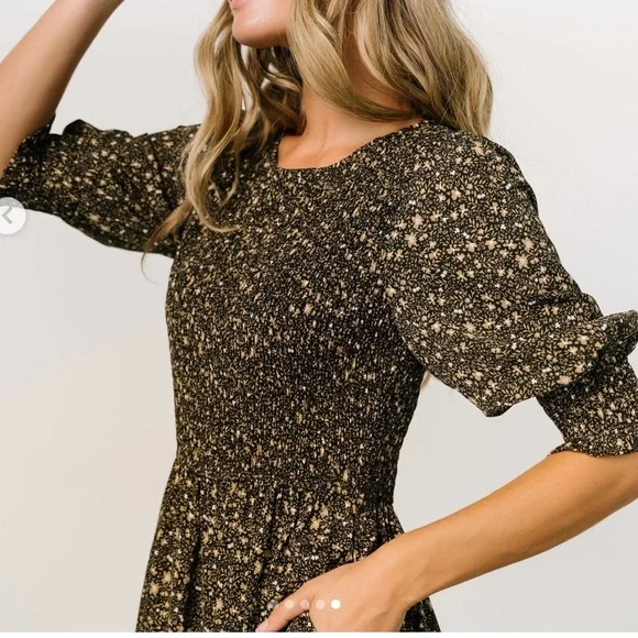 BALTIC BORN Dress Women’s XL Black & Tan Pele Tiered Midi Floral Smock New w/tag - Picture 6 of 14